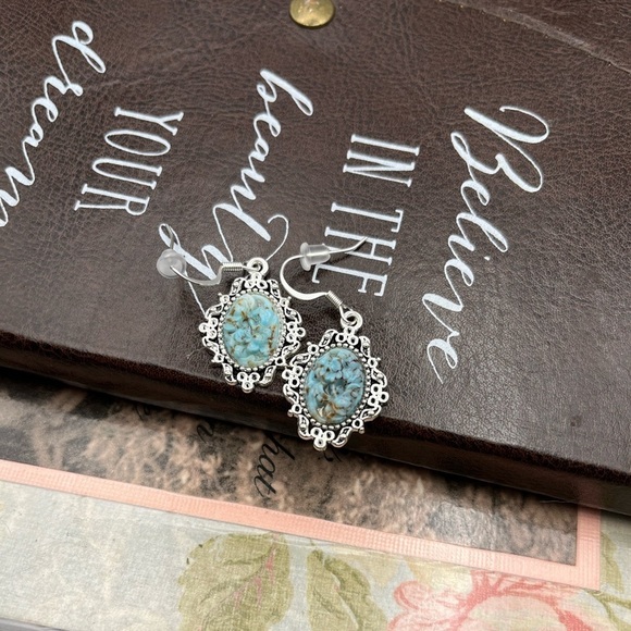 Vintage Carved Spotted Turquoise Resin Oval Cabochons Steel Dangle Earrings - Picture 6 of 7